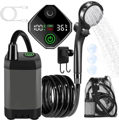YADOBIG Doccia da Campeggio con Pompa, Doccia Portatile con Display Digitale Intelligente, con Soffione, Batteria da 6000mAh, per Bagni Esterna, Lavaggio Auto, Animali Pulizia, Irrigazione Giardino