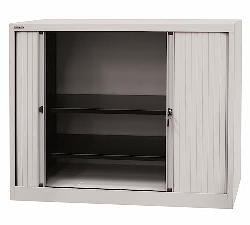 BISLEY Rollladenschrank in lichtgrau abschließbar Schrank aus Metall Rolladen aus Kunststoff inkl. 2 Einlegeböden