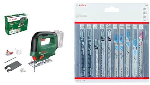 Bosch Akku-Schleifer UniversalSander 18V-10 (ohne Akku; 18 Volt System; für die DIY-Holzbearbeitung; 32x Schleifpapier) + Accessories 10tlg. Stichsägenblätter Set (für Holz und Metall, Zubehör)