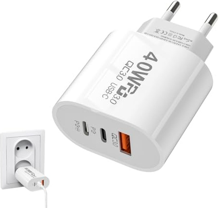 Tomedeks Chargeur multiport USB,40W Prise USB C,3 Ports Chargeur Rapide,Multi Secteur PD+QC3.0 Chargeur Secteur,Tête de charge rapide pour iPhone Samsung Xiaomi Huawei（B）