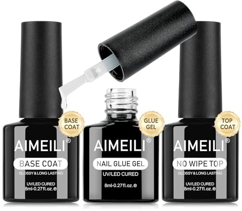 AIMEILI Baslack topplack nagellim set med hög glans, extra stark limgel för konstgjorda naglar extra stark UV/LED Soak Off Nails Glue DIY Home Salon, 3 x 8 ml