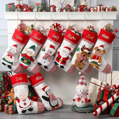Infiher Personalised Christmas Stockings with Embroidered Name & Monogram,Custom 3D Xmas Character Stocking 1 Pack 18” Large,Santa,Snowman & Reindeer Fireplace Hanging Red Burlap Plaid Stockings(A)