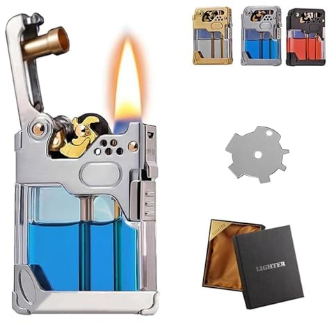 Mechero de queroseno mecánico de metal retro, encendido de un solo toque, con depósito de combustible transparente, cierre de seguridad, resistente al viento, adecuado para colección, camping, regalo
