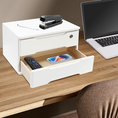 Schreibtisch-Aufbewahrungsbox aus Holz mit abschließbaren Schubladen Bürobedarf-Organizer für Zuhause und Büro (Weiß, mit 2 Schubladen)