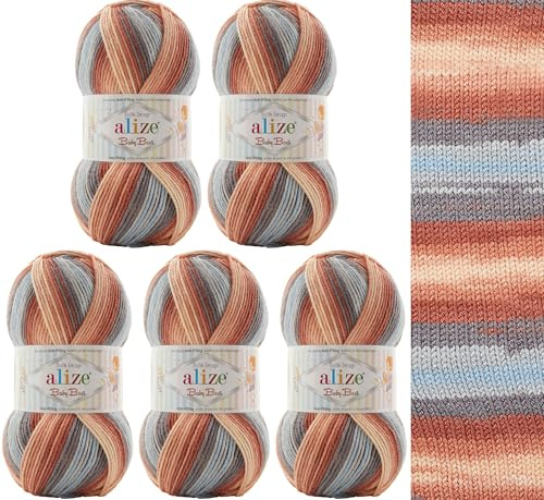 Alize Baby Best Batik Wolle 5 x 100g Antipilling Babywolle, Acryl Garn, Strickgarn zum Häkeln und Stricken Farbverlauf mehrfarbig Multicolor Strickwolle Häkelwolle (7922)