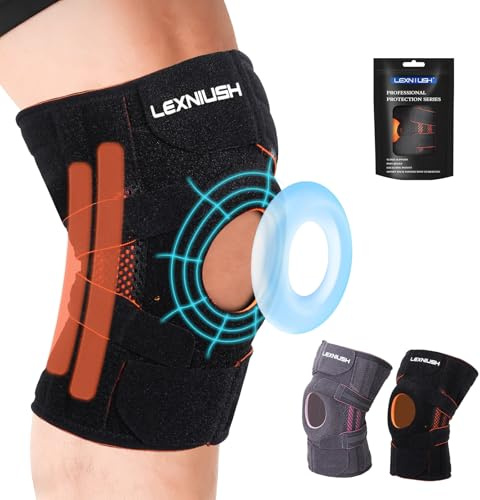 Lexniush Tutore Ginocchio, Ginocchiera Ortopedica con Stabilizzatori Laterali e Cuscinetti in Gel per Rotula, Regolabile Ginocchiera Sportiva Neoprene per Corsa, Artrite, Lesioni al Menisco, Nero