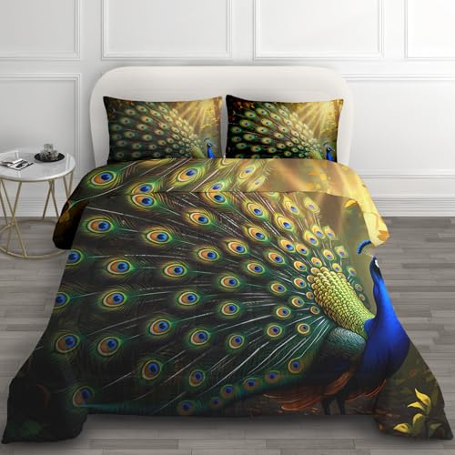 GEDAEUBA Bettdecke 200x220 Pfau - Pfauenfeder Deko, 4 Jahreszeiten Bettdecken 200 x 220, Steppdecke Ohne Bezug Nutzbar, Warme & Weiche Ganzjahresdecke mit 2 Kissenbezug