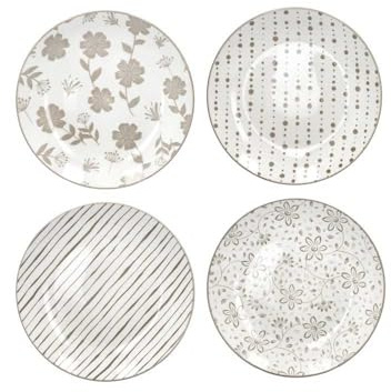 BRANDANI Piatto Frutta Tortora Loto Set 4 Pezzi Decori Assortiti Porcellana 19cm