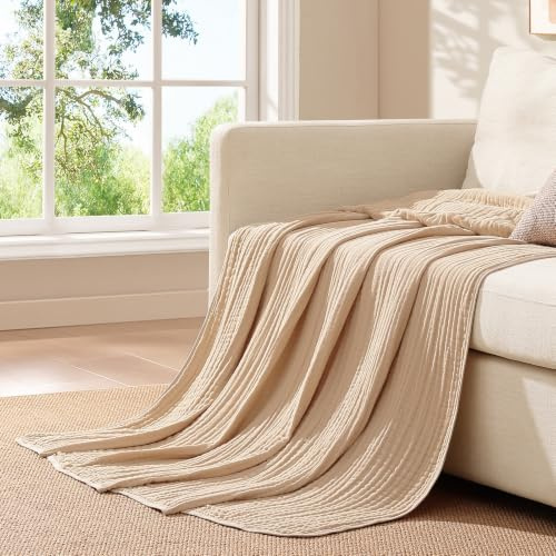 Topfinel Flauschige Tagesdecke,100% Baumwolle Kuscheldecke,Hautfreundliche und Weiche Mulltuch-Decke Fur Erwachsene&Baby&Kinder 135x200 cm Beige Plaid Decke,Atmungsaktive,Musselin Decke