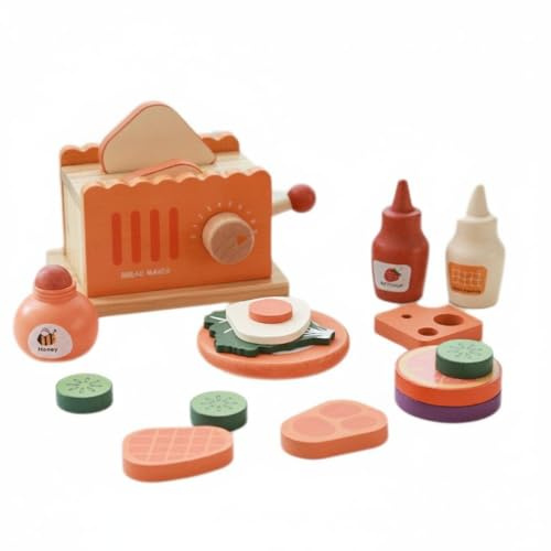 ＡＷＨＡＯ Pretend Bread Maker Toy Realistic Details Wooden Breakfast Toy Educational Pretend Food Set for Playroom