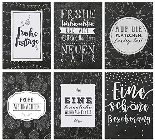 Papierdrachen Weihnachtskarten Set - 12 liebevoll gestaltete Postkarten zu Weihnachten - Kunstdruck zum Verschicken, Pakete dekorieren und Sammeln - Schwarz-weiß Tafel