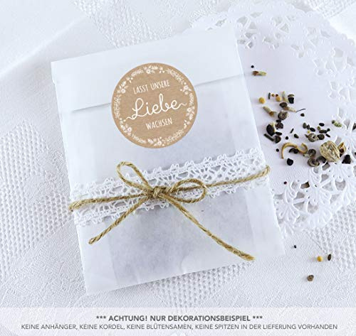Blütensamen Tüten Set 24 Sticker LASST UNSERE LIEBE WACHSEN NATUR KRAFTPAPIER LOOK 4 cm matt rund + 24 Flachbeutel weiß 130 x 95 + 16 mm Hochzeit Taufe Blüten Samen Gastgeschenke Deko Geburtstag