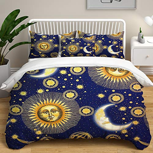Bettwäsche 3 Stück Sterne Mond Sonne Wende Bettwäsche 120g Mikrofaser Bett Bettbezug Eleganter Bettbezug Mit Reißverschluss Und Kissenbezügen (Einzel (135x200cm),Stil 03)