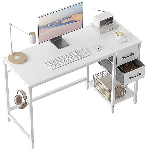 Cubiker Computer Desk with 2 Drawers, 100 x 50 cm Reversible Office Desk, Modern Gaming Desk for Study, Bedroom, Living Room, White