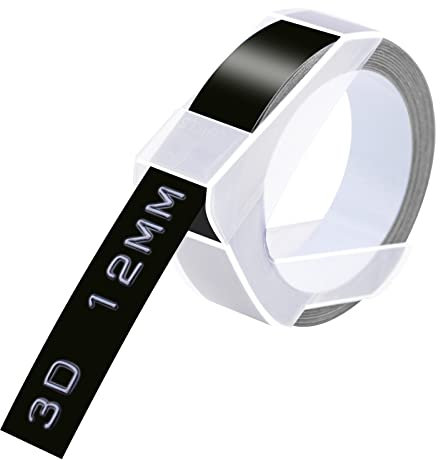 Cruxer 6 Pack A898132 Prägeband Ersatz für Dymo 12 mm x 3 m Weiß auf Schwarz Omega 3D Etikettenband Selbstklebend Dymo Prägeband Vinyl 3D Etiketten für DYMO Omega Junior Präge 3D Etikettenhersteller