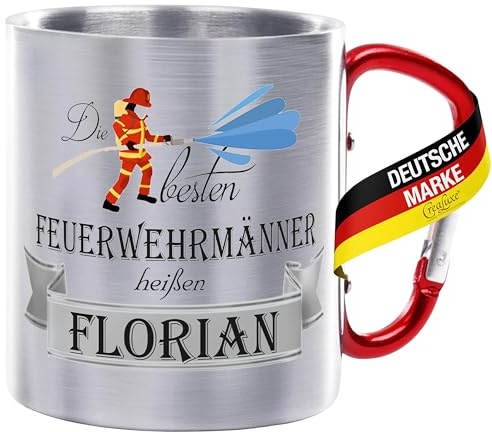 Crealuxe Edelstahltasse mit Karabiner - Die besten Feuerwehrmänner heißen Wunschname - 330ml, Tasse personalisiert, Kaffeetasse, Bürotasse, Metalltasse mit Name