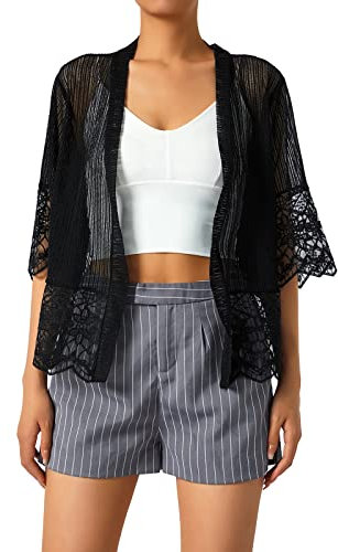 Edhomenn Women Sheer Shrug Cardigan Short Sleeve Solid Color Lace Patchwork Lightweight Knit Shrugs Ladies Bolero Cardigans (Black, XL)