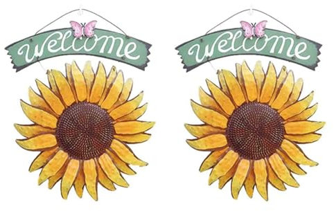 LAUGHERER 2 x Garten-Willkommensschilder aus Metall, zum Aufhängen, dekorative Sonnenblume, handbemalt, Willkommensschild für Haustür