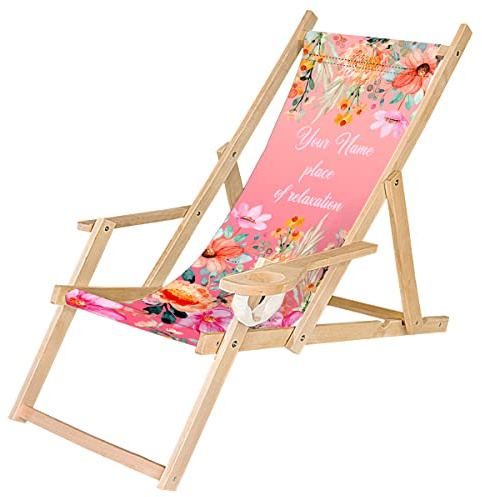 Däckstol trä hopfällbar solstol med armstöd och dryckeshållare vit trädgård strandstol design vattenfärg blommor [119]