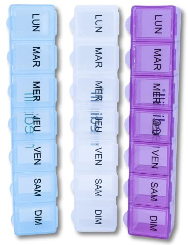 MEDIPILL - Lot de 3 Piluliers Semainiers Français | Pilulier 7 jours - 7 Compartiments | Compact et Durable | Sans BPA | 3 pièces | 3 couleurs | MED-S7-LOT