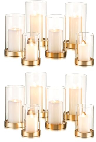 Hewory Hurricane Candle Holder Gold : Lot de 12 photophores en Verre pour Bougies piliers, Lanterne décorative avec Plateau en métal pour Le Salon, la Salle à Manger, la Table Centrale