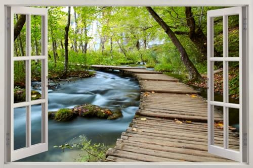 HUBDECO - Wandtattoo - Wanddeko - Selbstklebende Folie - Wandsticker - Fototapete 3d Effekt - Selbstklebende Tapete - Fenster & Natur Motiv - Brücke Wald Waldbach - 150x100cm