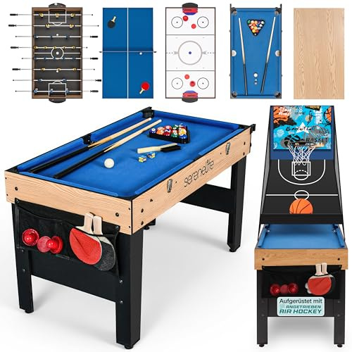 SereneLife Calcio Balilla Gioco da Tavolo 122 cm 6-in-1 Tavolo Multigioco con Air Hockey, Biliardino, Basket, Ping Pong, per Famiglia, Bambini e Adulti