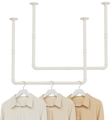 YheenLf Klädstänger industriell design, klädställ för takmontering, vägggarderob takmontering, garderobstång av metall för sovrum, 69 x 60 cm, set om 2, beige