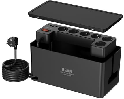 Ciabatta Multipresa con Scatola Cavi,BEVA Multipresa Elettrica 3 USB-A e 1 USB-C, Presa con Protezione Sovratensione, Ciabatta Elettrica Nero, 3680W 16A, Cavo da 2M