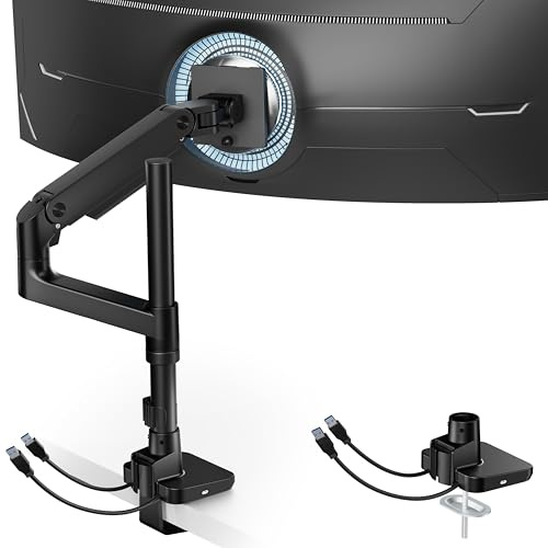 ARES WING Monitor Halterung mit USB A/C, Höhenverstellbar Bildschirmhalterung, Monitorarm für 17-49 Flach Curved Bildschirm, Tischhalterung Tragfähigkeit Max 20 kg, 75/100mm Vesa-Halterung, Schwarz