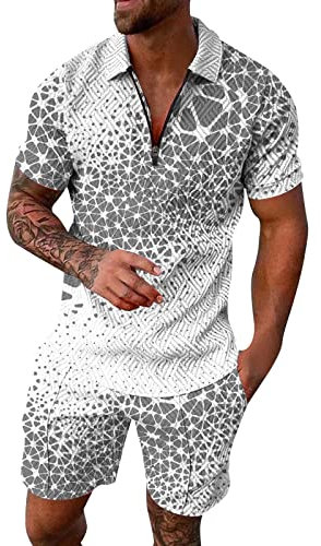 Herren-Trainingsanzug, zweiteilig, Sommer, 2-teilig, weich, dünn, zweiteilig, bedruckt, Strand, Sommeranzüge mit Reißverschluss, modisch, lässiges Hemd und Shorts, grau, XXL