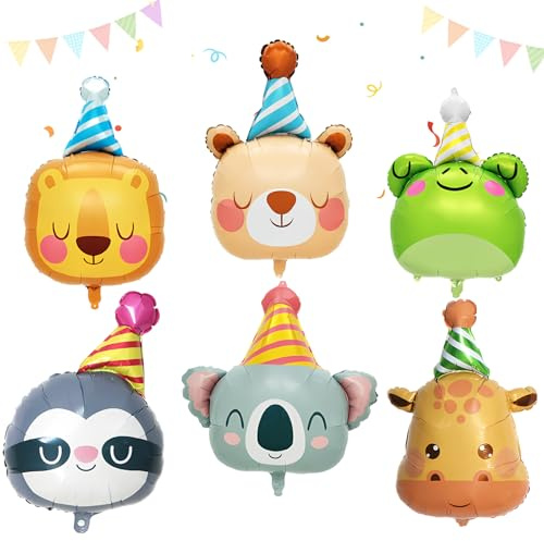 6 Stück Folienballon Tiere Geburtstag, Tierkopf Folienballons Waldtiere