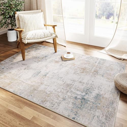 HUGEAR Tappeto Salotto Moderno Beige Blu Tappeti 90x150cm Lavabile in Lavatrice Antiscivolo Astratto Naturale Grande Carpet Cameretta Scendiletto Camera da Letto Ufficio Pelo Corto