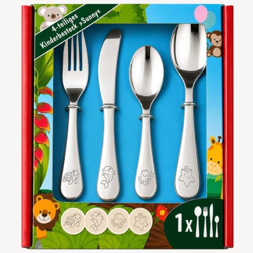Kinderbesteck Edelstahl 18/10 poliert – personalisierbar mit Gravur | 4-teilig: Messer, Gabel, Löffel, Kaffeelöffel | Geschenk Taufe, Geburt, Geburtstag