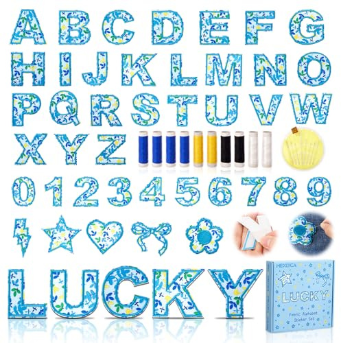 41 Stück Stoffaufnäher selbstklebend, bestickt für DIY Kleidung, enthalten 26 A-Z selbstklebend Buchstaben Aufkleber, 15 Regenbogen Blume Beleuchtung Sterne Herzen auf Patche für Hüte, Taschen