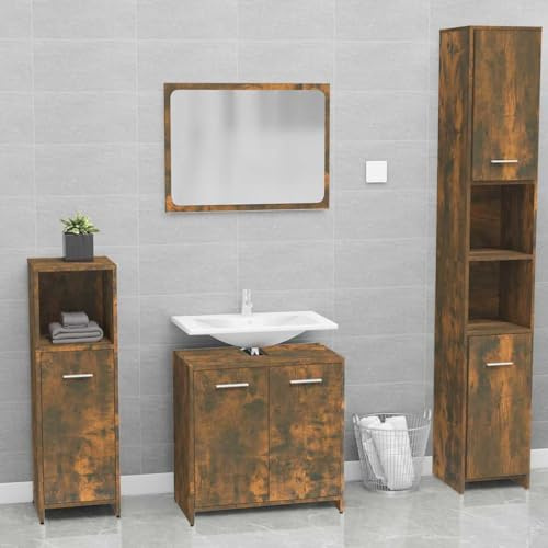Set di Mobili da Bagno in Legno di Rovere Affumicato, Mobile Bagno Completo con Specchio, Design Moderno Salvaspazio, Set Mobili Bagno con Ante e Maniglie, per Bagno e Toilette, 60x33x61 cm