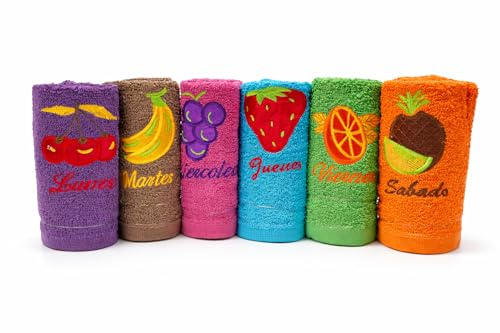 Paños de Cocina Oferta Pack 6 Unidades con Dias de La Semana 100% Algodón 50x50 cm | Rizo 400 g/m² Extra Absorbentes, Suaves y Duraderos con Bordado de Frutas