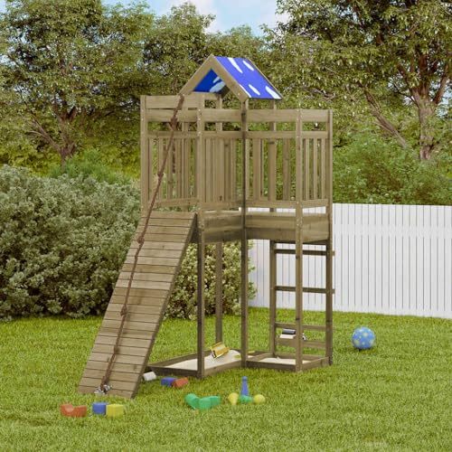 Teenpull Impregnated Pine Play Tower with Climbing Wall, Sandpit, Slide and Rope Ladder, Garden Toy for Children in Outdoor Playground, Sturdy Construction for Garden and Patio