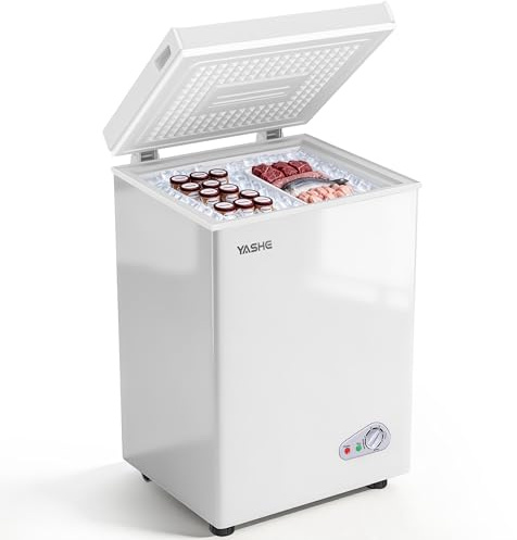 YASHE 100L Chest Freezer, Compact Deep Freezer with 2 Baskets, White | Adjustable temperature control, removable baskets and quiet 45 dB operation, ideal for kitchens, apartments and garages
