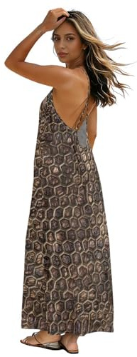 GuoChe kvinnor kami-klänning rygglös casual husklänningar för kvinnor strand semester lång solklänning, Mörkbrun och beige pyton ormskinn våg, XXL