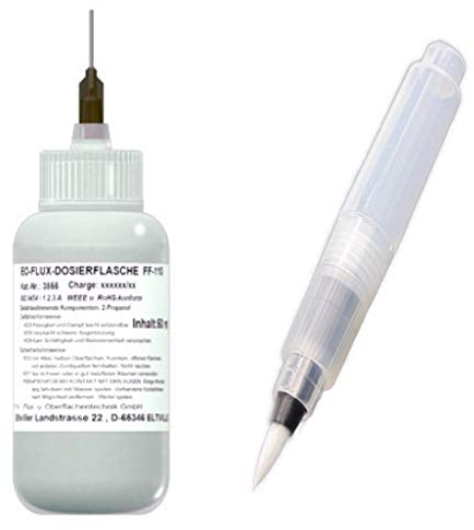 EO-Flux-Dosierflasche FF-110, Plus EO-Compact-Flux-Pen (3 ml, Linksgewinde, unbefüllt), No-Clean Elektronik-Flussmittel 5,8% Feststoff, 50 ml Inhalt, Dosiernadel aus Teflon