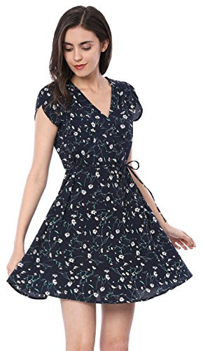 Allegra K Damen Kurzarm V Neck Bindegürtel Blumen Minikleid Kleid Blau S