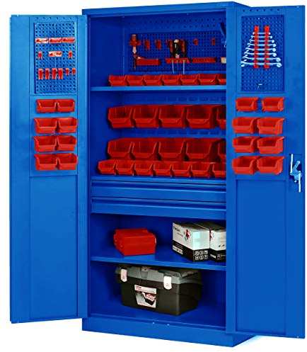 Jan Nowak Werkzeugschrank TC02AM Werkstattschrank mit Schubladen Flügeltüren Metallschrank 3 Fachböden Pulverbeschichtung 185 cm x 92 cm x 50 cm (Blau)