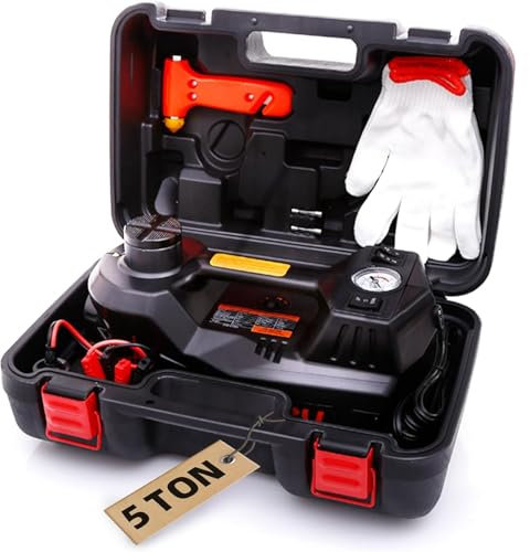 STANDTALL Electric Car Jack with Tire Inflator Pump, 5 Ton 12V Hydraulic Floor Jack Black with LED Light for SUVs and Sedans