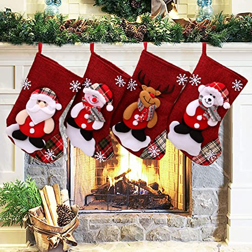 Chaussettes de Noël, 4 lot Sac Cadeau de Noël Cadeau de décoration Ours, Bonhommes de Neige, élan et Père Noël Ornement, Christmas Stocking Bas de Noël Botte de Noël Sac Cadeau Suspendue Bonbons