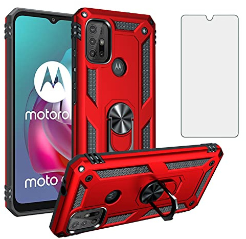 Asuwish Funda para Motorola Moto G30/G20/G10 con Cristal Templado Protector Pantalla Vidrio Pelicula Protectora Magnética Anillo Soporte TPU Silicona G 30 20 10 Power 30G Móvil Tapa Carcasa Case Rojo