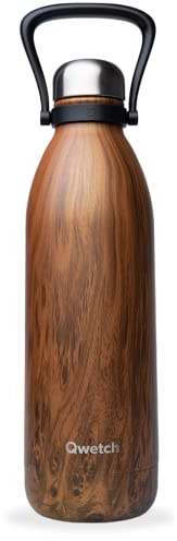 QWETCH - Große 1,5L Edelstahl Trinkflasche Holz Titan - Thermosflasche 48h Kalt & 16h Heiß - Auslaufsicher & BPA-frei - Isolierflasche mit Griff - Perfekt für Camping, Picknick & Familie