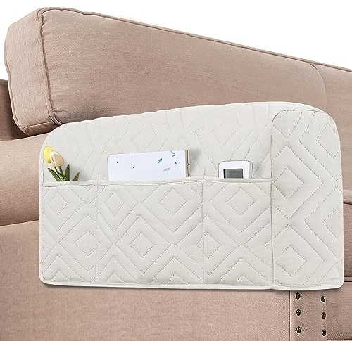 H.VERSAILTEX Armrest Covers for Sofa Water Resistant Couch Arm Covers Remote Control Holder Sofa Armrest Organizer for Magazine, Tablet, Phone, iPad(Set of 2, Ivory/Beige)