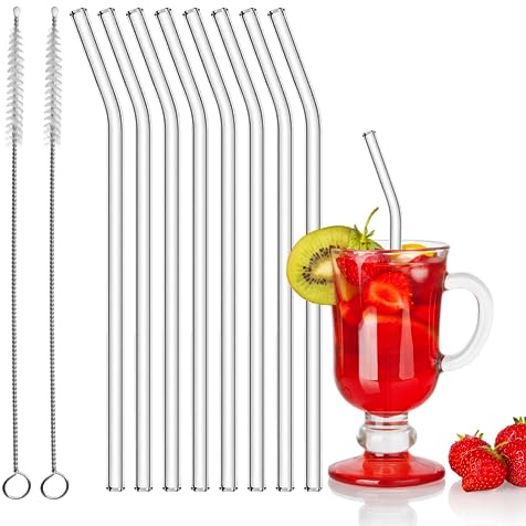 Reusable Glass Straws, 8 Pcs Clear Reusable Drinking Glass Straw Eco Friendly Durable Bendy Glass Straws Drinking with 2 Cleaning Brushes for Coffee Smoothie Cocktail Milkshake Cold Drinks