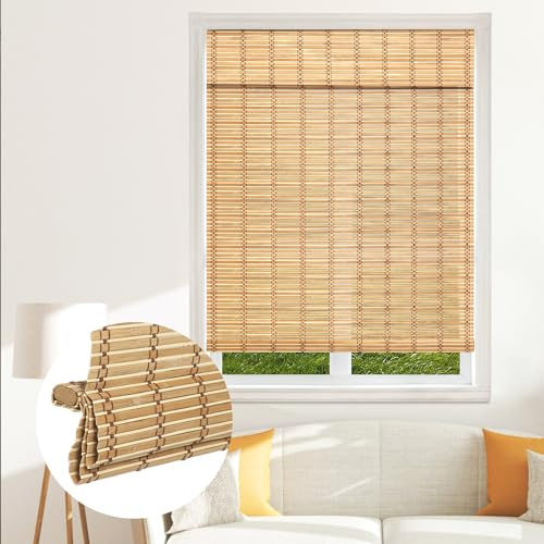 SEEYE Cordless Bamboo Blinds - Light Filtering Roller Shades, Natural Roman Blind, Easy to Install for Windows, Doors, Patio, Bedroom - 24 W x 64 H